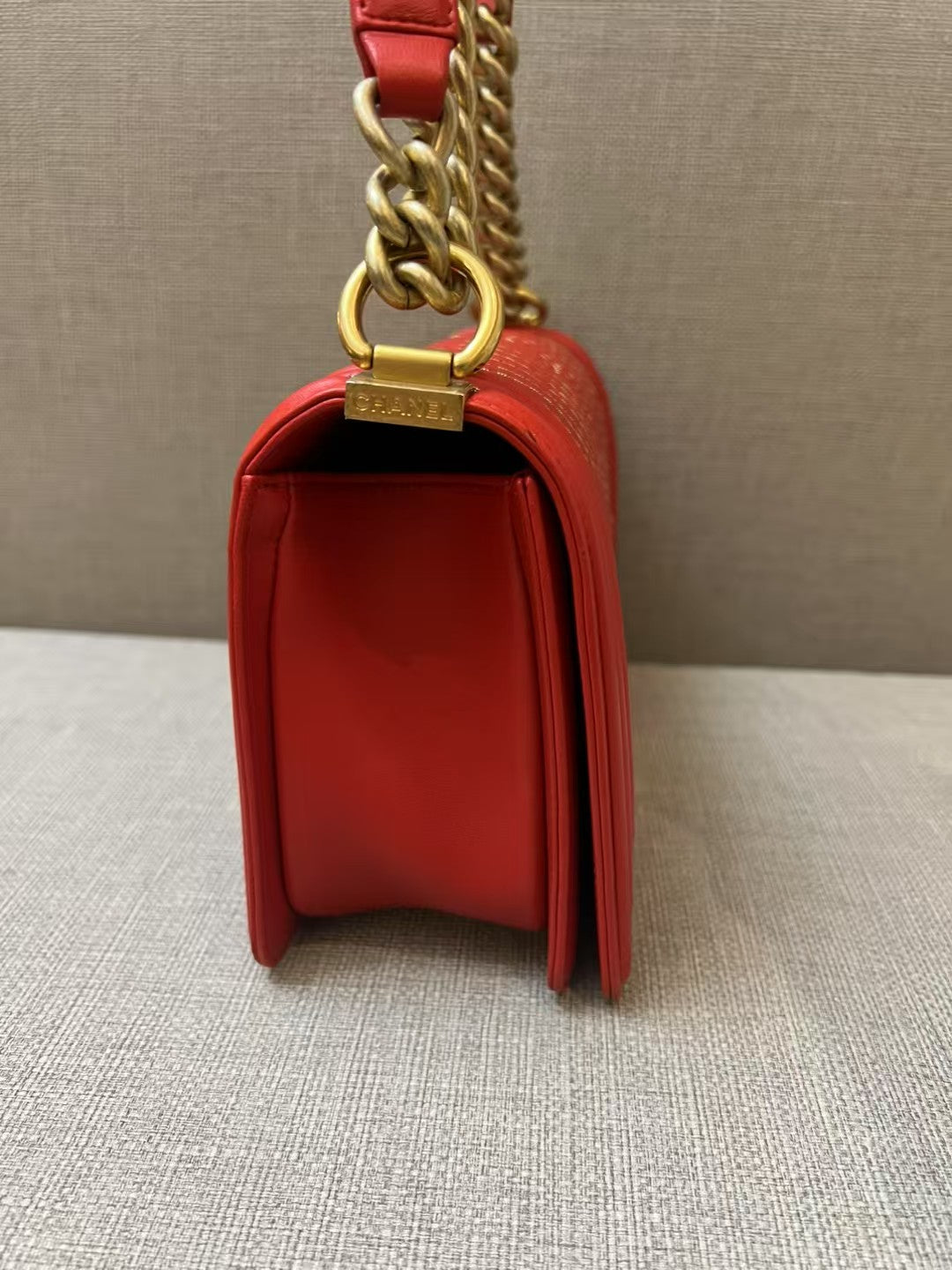 Chanel Boy Medium Red Chevron Quilted Leather Bag