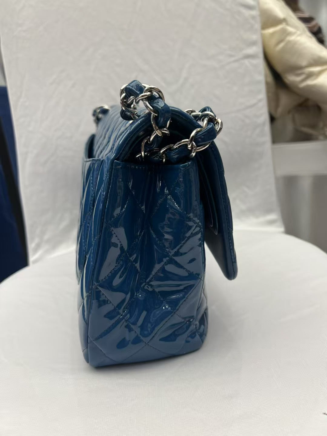 Chanel Classic Double Medium Blue Patent Leather Flap Bag
