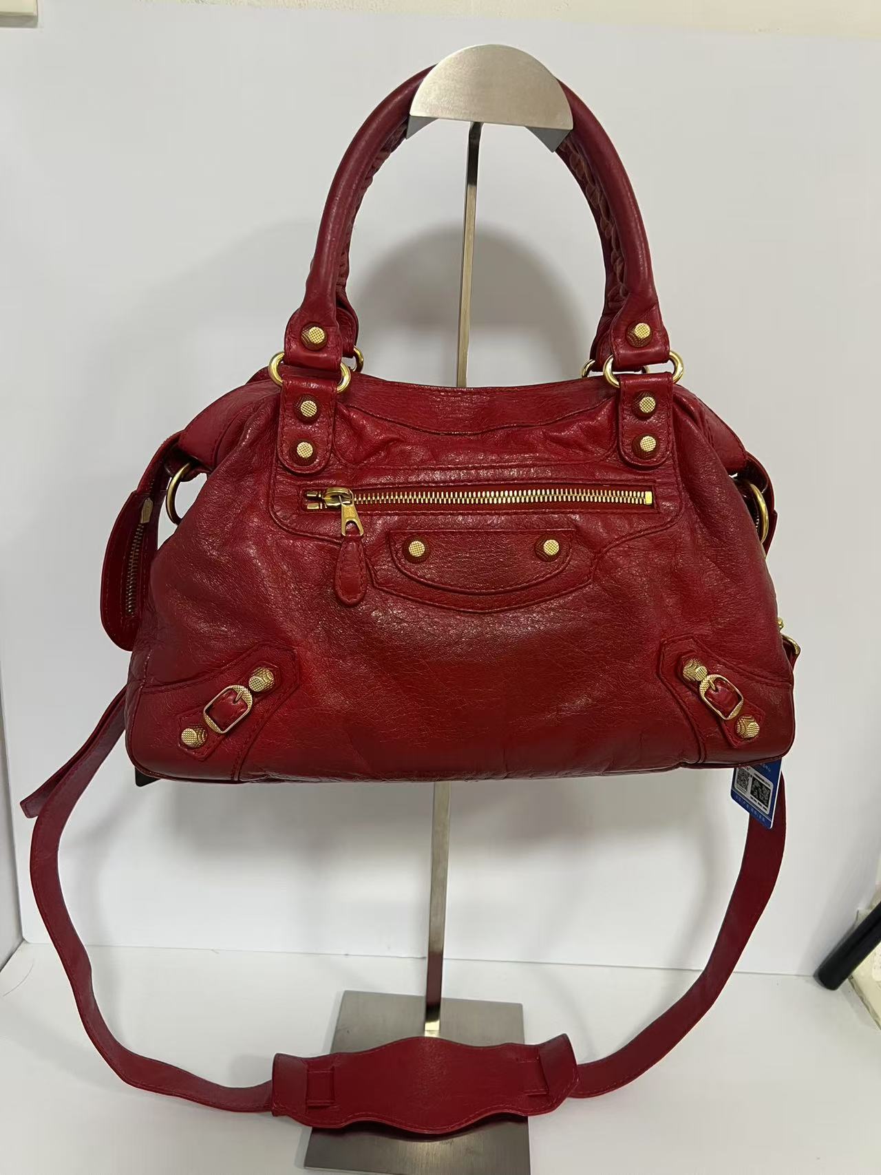 Balenciaga Red Leather Studded Motorcycle Bag