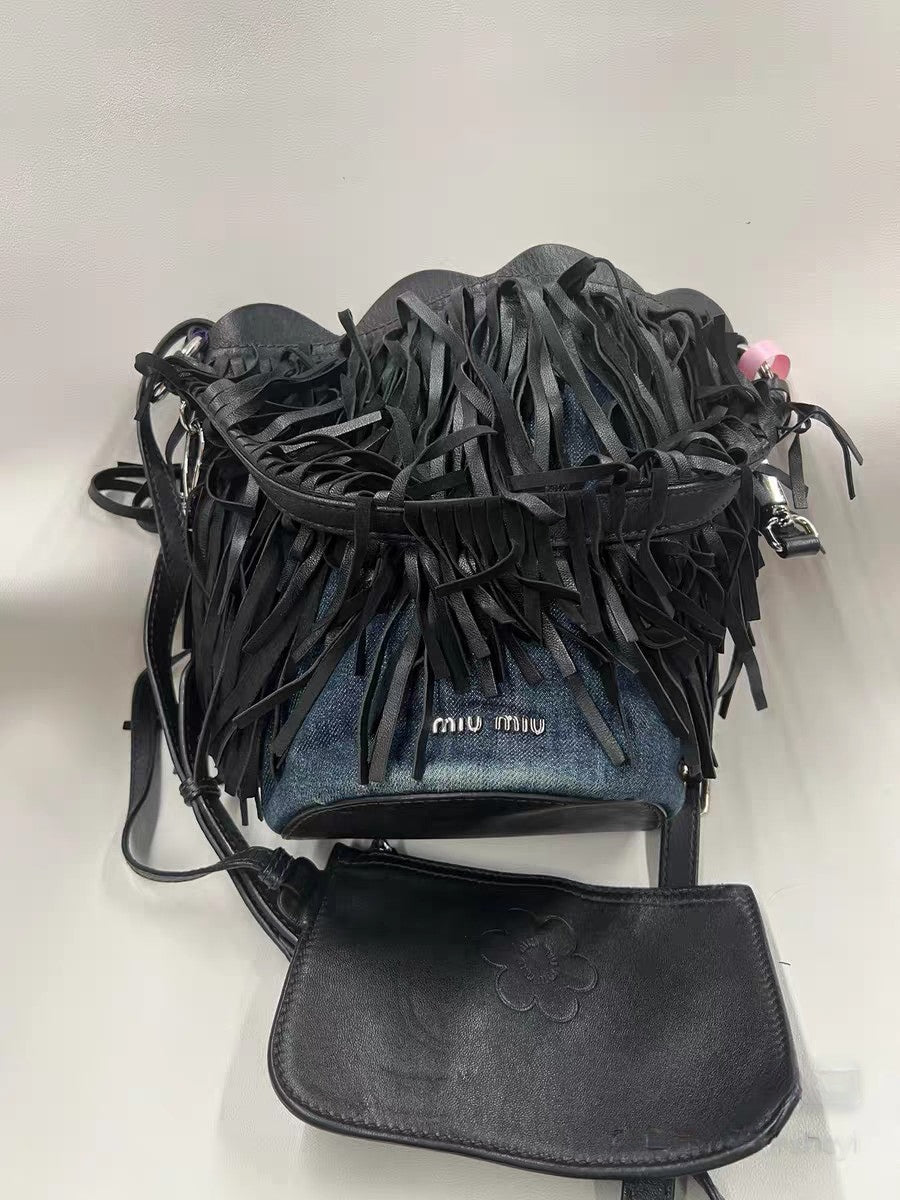 Miu Miu Fringed Denim Bucket Bag
