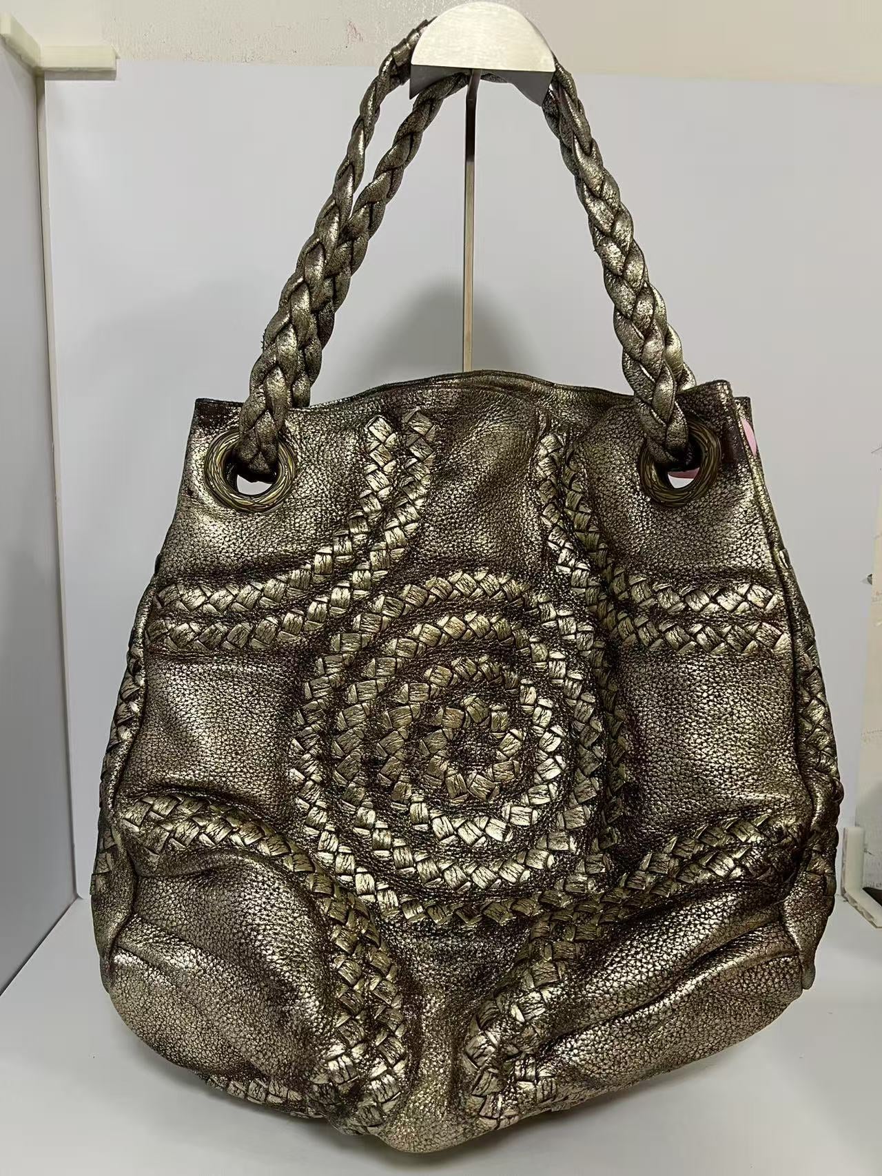 Bottega Veneta Medium Intreccio Woven Metallic Gold Leather Hobo Bag