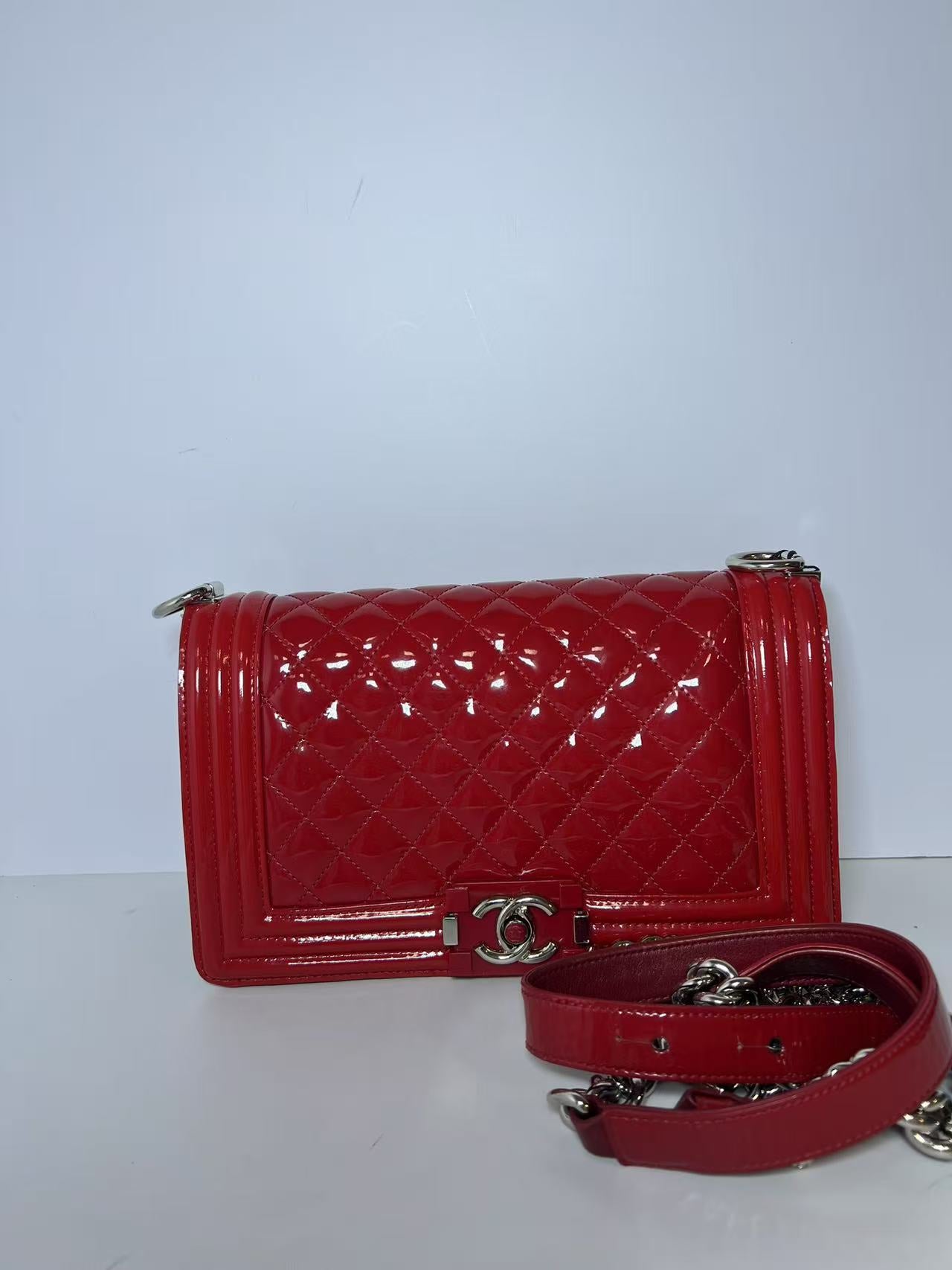 Chanel Large Boy Bag Quilted Red Patent Leather Shoulder Bag