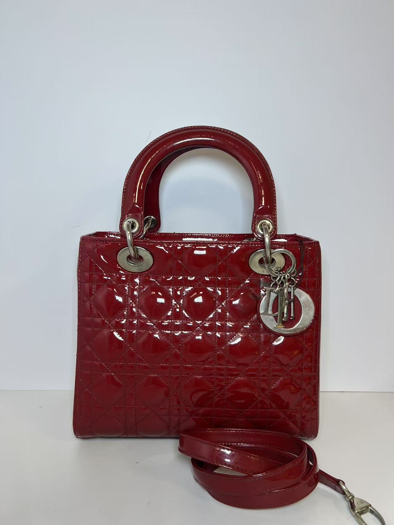 Dior Lady Dior Medium Red Patent Leather Handbag