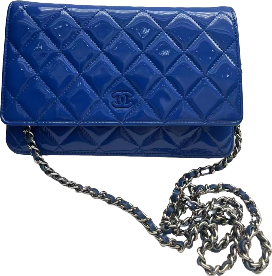 Chanel Wallet on Chain (WOC) Blue Patent Leather Quilted Bag