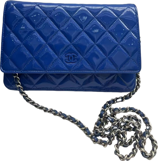 Chanel Wallet on Chain (WOC) Blue Patent Leather Quilted Bag