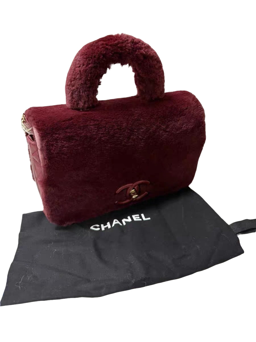 Chanel Burgundy Shearling & Quilted Leather Mini Top Handle Bag