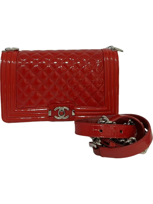 Chanel Large Boy Bag Quilted Red Patent Leather Shoulder Bag