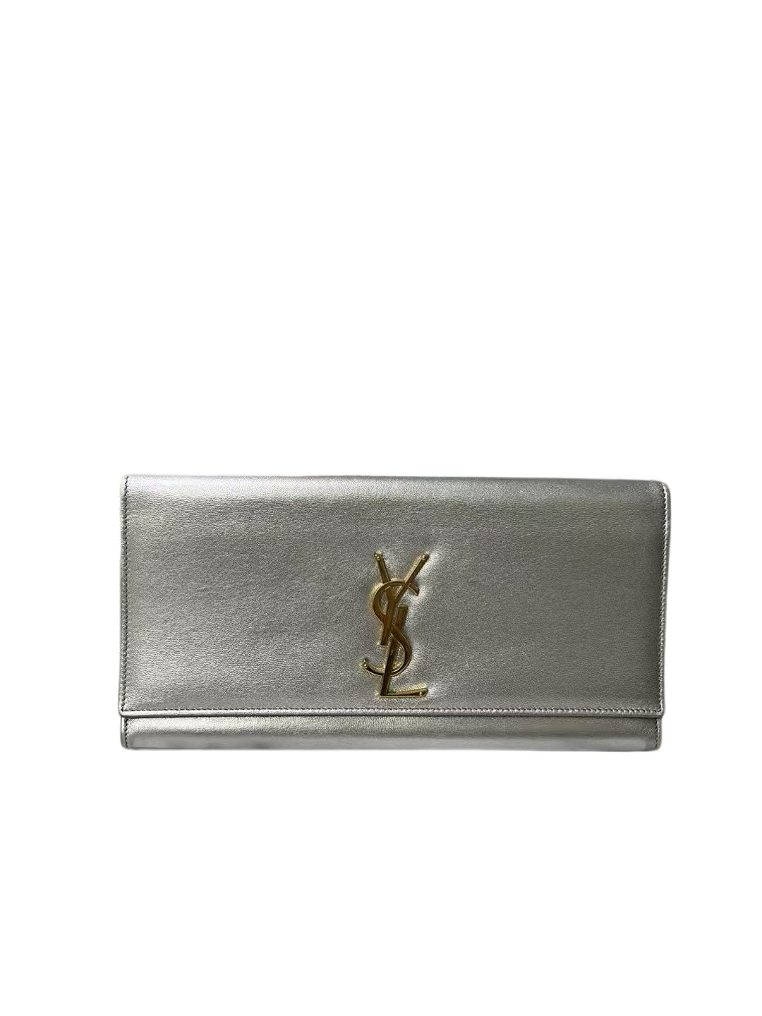 YSL Bellechasse Silver Metallic Leather Clutch Bag