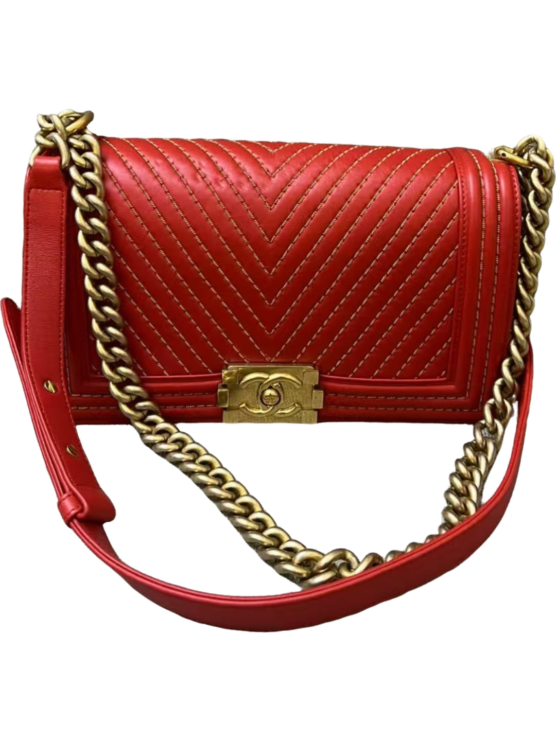 Chanel Boy Medium Red Chevron Quilted Leather Bag