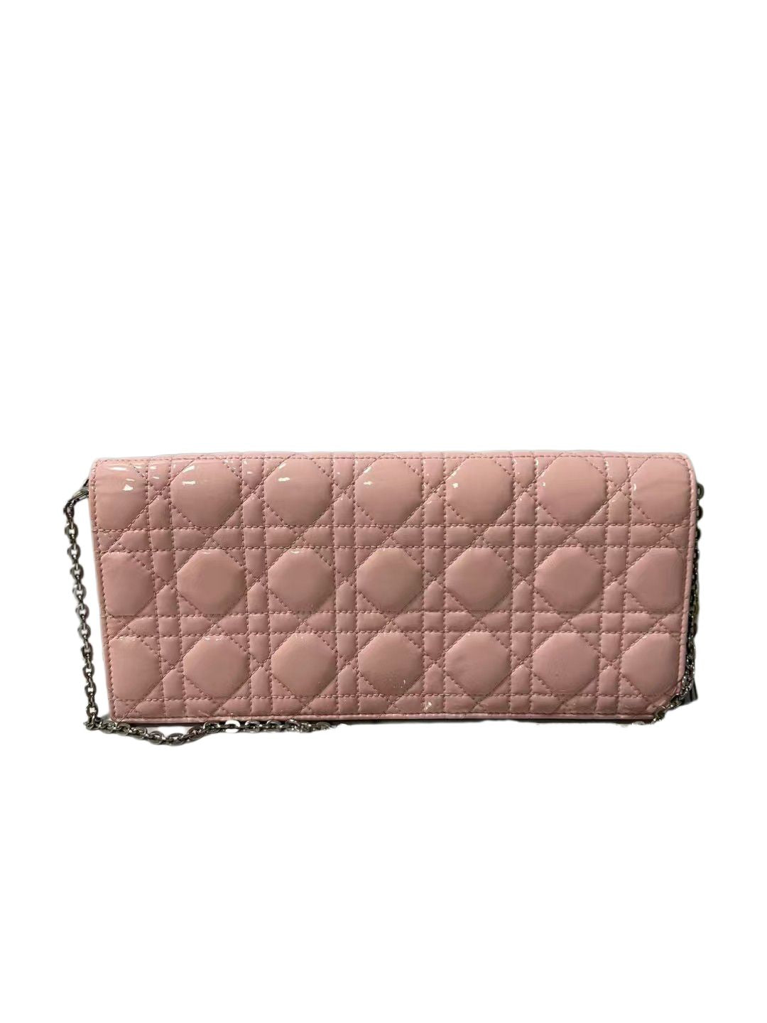 Christian Dior New Patent Cannage Leather Pink Quilted Clutch Silver Chain