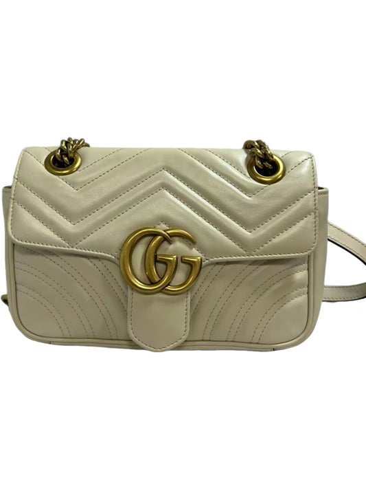 Gucci GG Marmont White Leather Chevron-Quilted Shoulder Bag