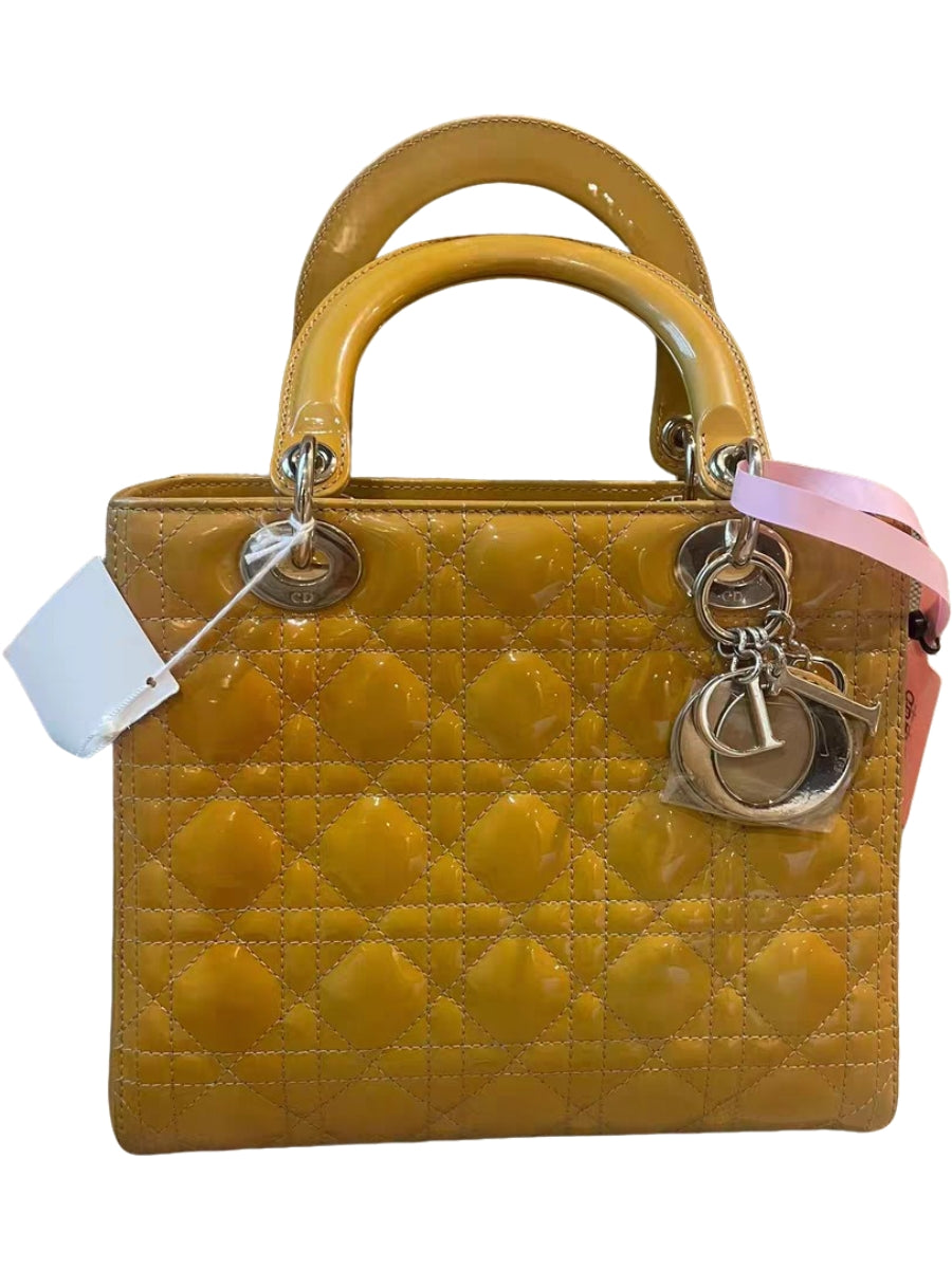 Christian Dior Lady Dior Medium Yellow Patent Leather Top Handle Bag