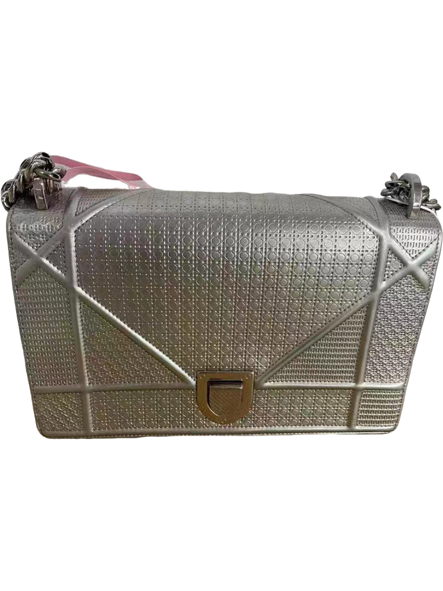 Christian Dior Diorama Medium Silver Metallic Leather Shoulder Bag