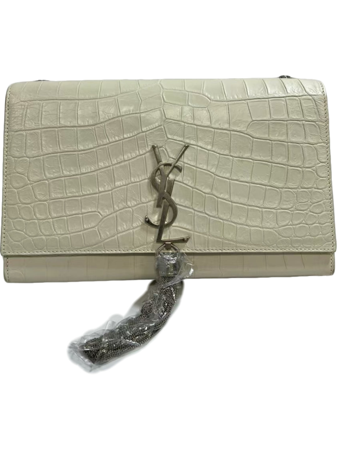 Saint Laurent Kate Cream Crocodile-Embossed Leather Tassel Chain Bag