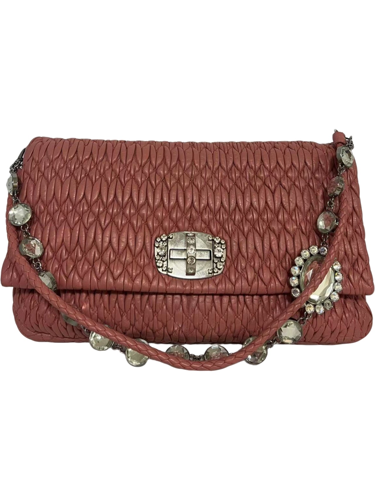 Miu Miu Pink Matelassé Leather Crystal Chain Shoulder Bag