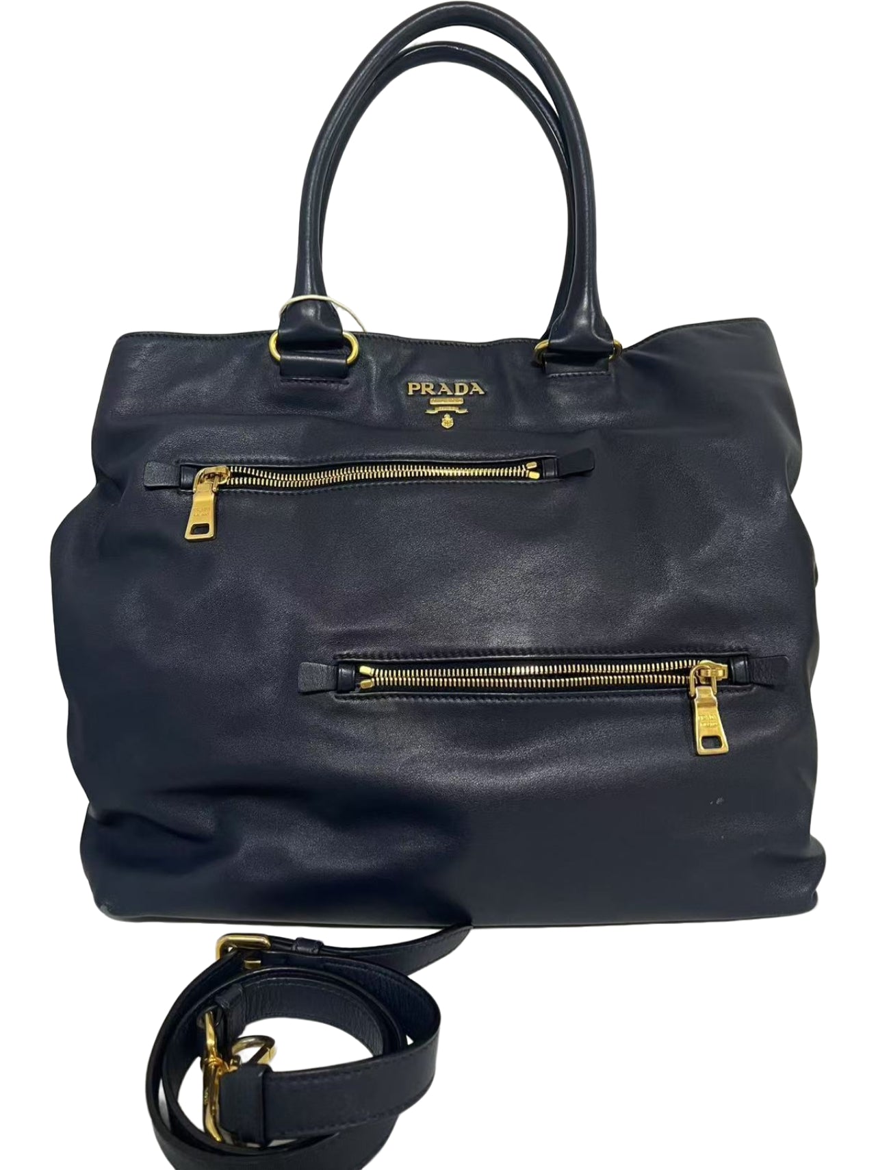 Prada Navy Blue Soft Leather Large Tote Bag