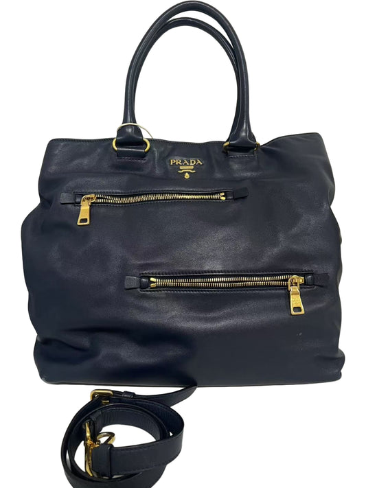 Prada Navy Blue Soft Leather Large Tote Bag
