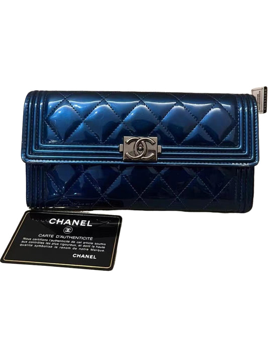 Chanel Metallic Blue Quilted Patent Leather Wallet on Chain (WOC)