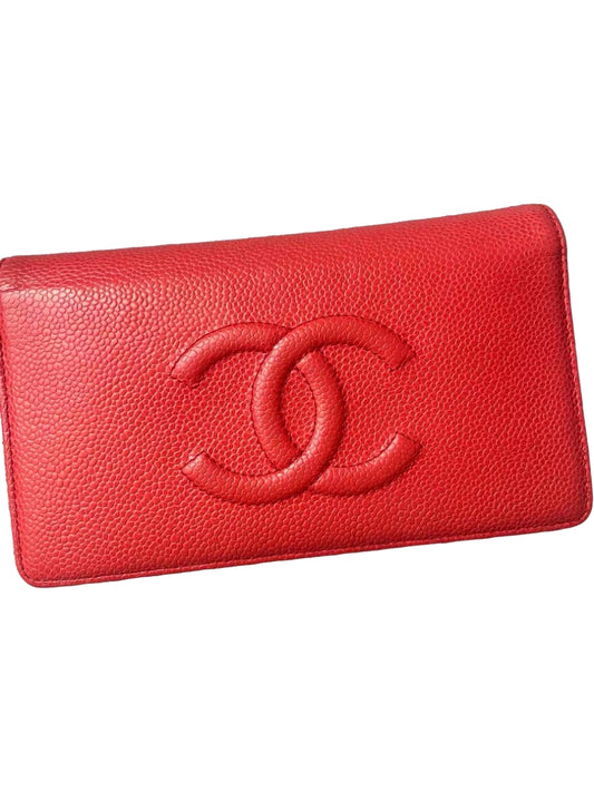 Chanel CC Timeless Red Caviar Leather Long Yen Wallet