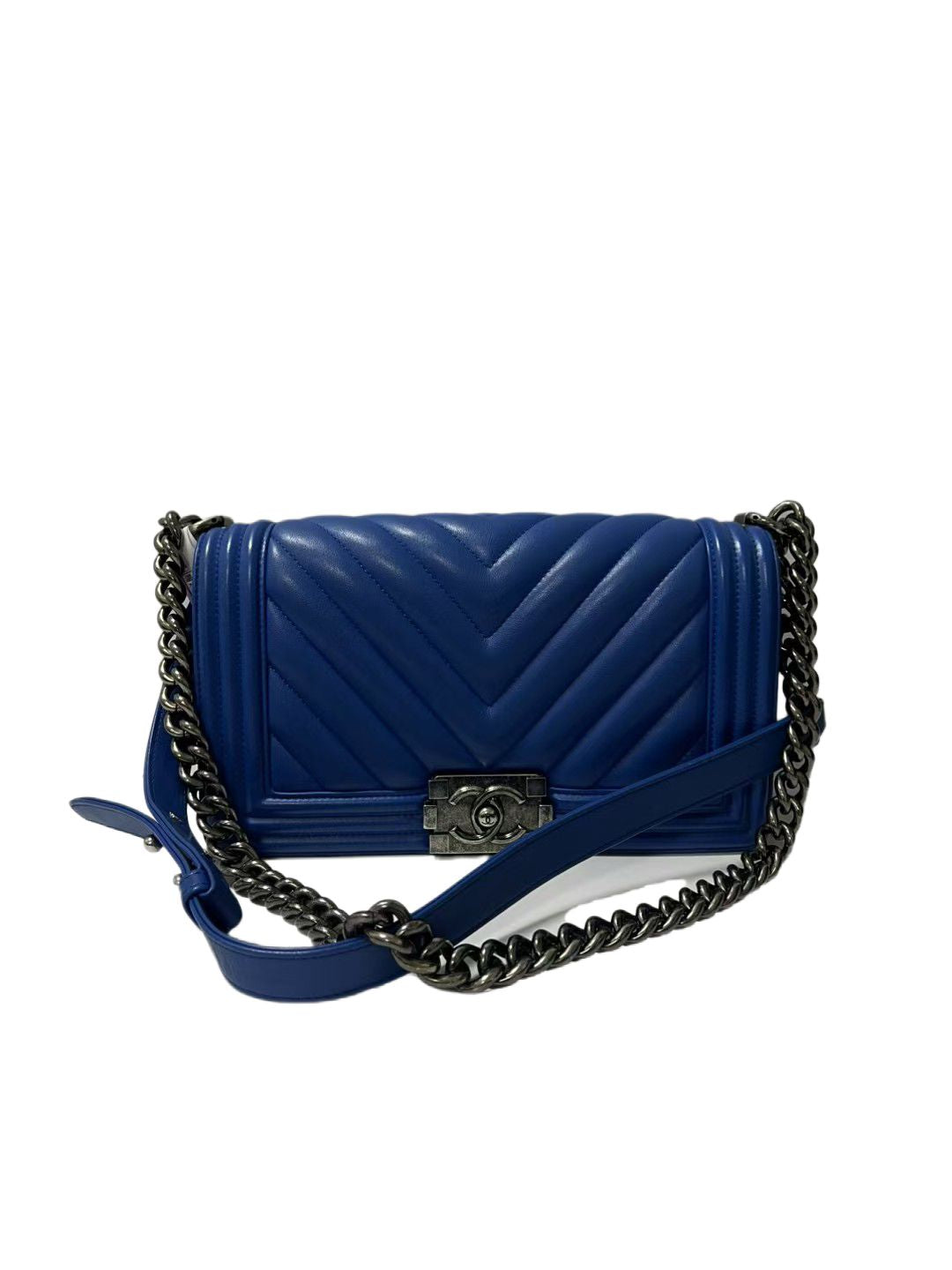 Chanel Boy Medium Royal Blue Chevron Lambskin Leather Shoulder Bag