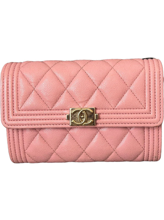 Chanel Boy Long Flap Wallet Pink Caviar Leather with Gold Hardware