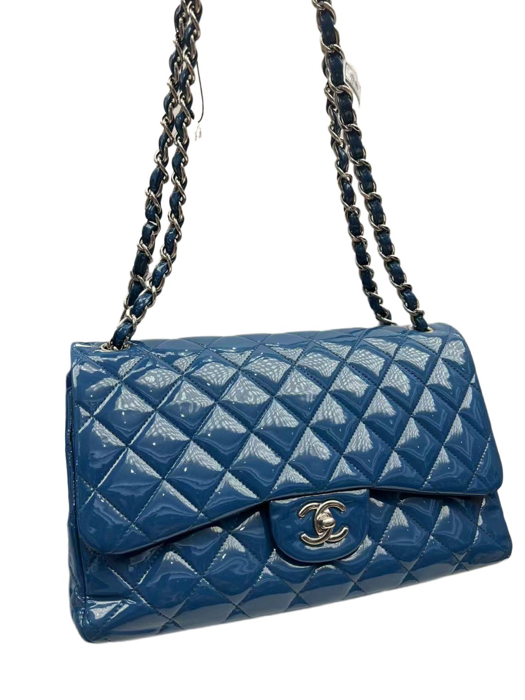 Chanel Classic Double Medium Blue Patent Leather Flap Bag