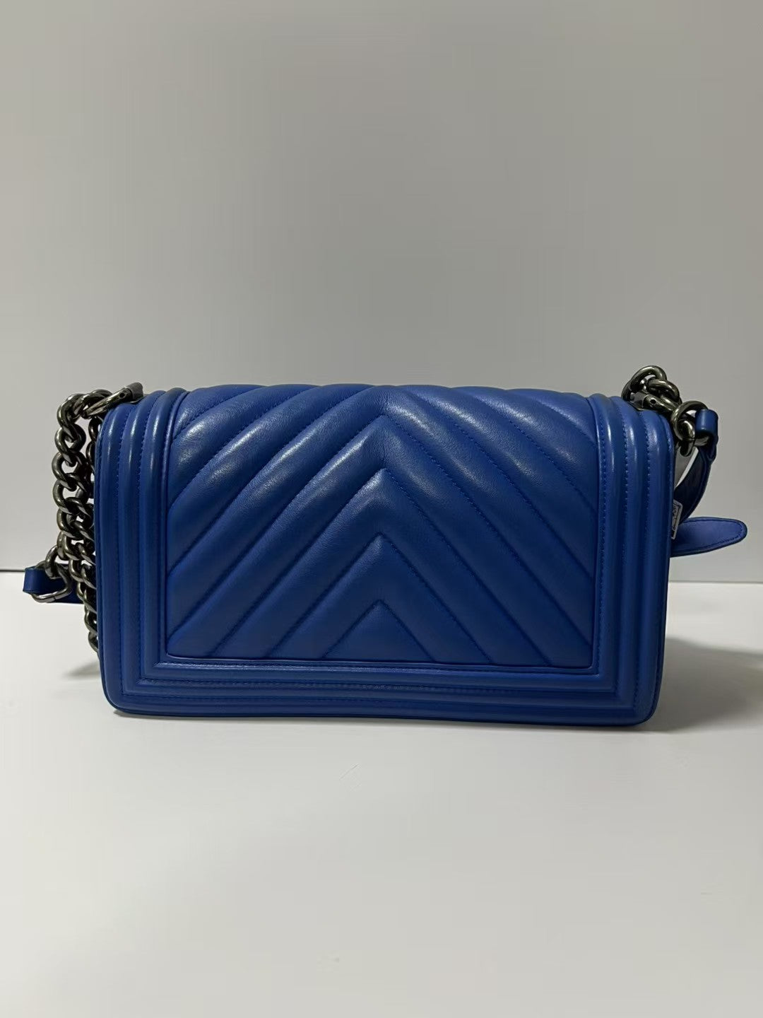 Chanel Boy Medium Royal Blue Chevron Lambskin Leather Shoulder Bag