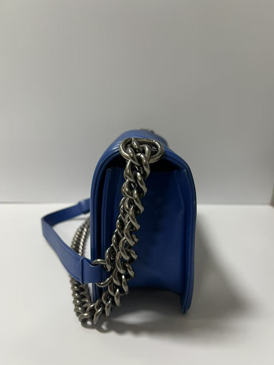 Chanel Boy Medium Royal Blue Chevron Lambskin Leather Shoulder Bag