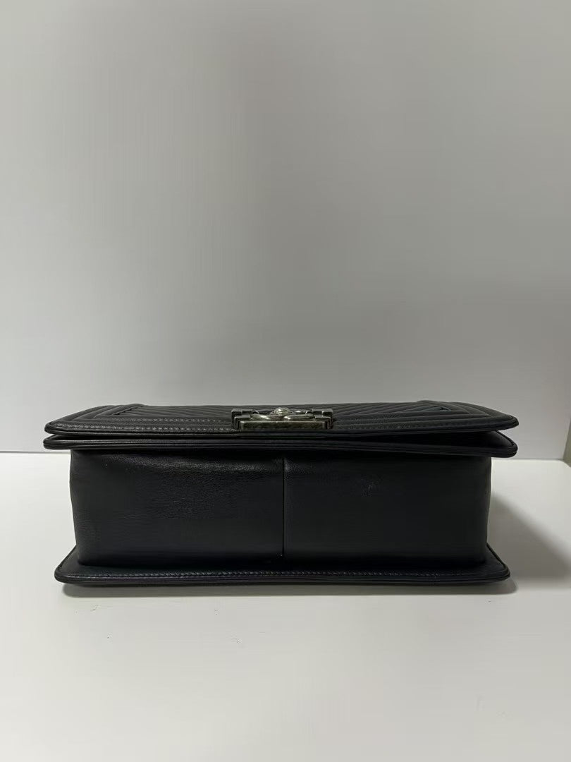 Chanel Boy Medium Black Chevron Calfskin Leather Shoulder Bag
