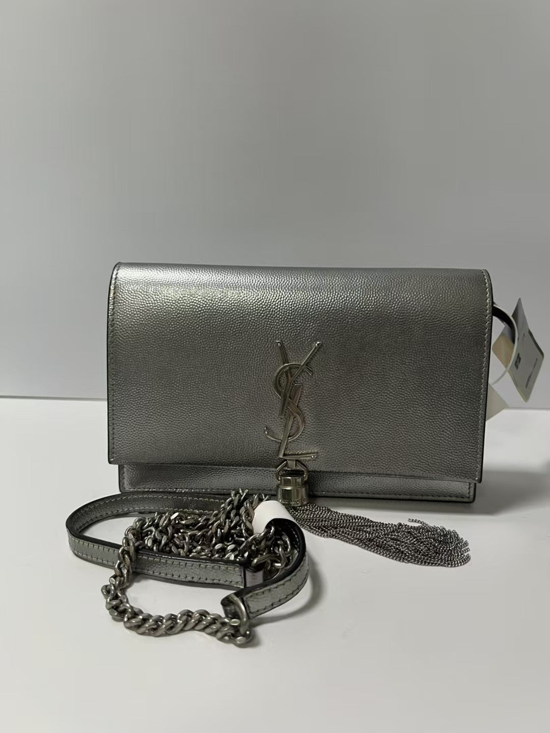 YSL Saint Laurent Kate Medium Silver Metallic Leather Tassel Chain Crossbody Bag