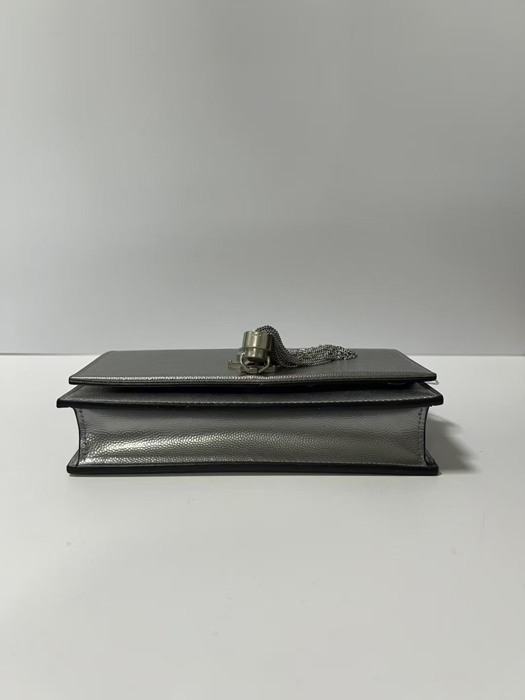 YSL Saint Laurent Kate Medium Silver Metallic Leather Tassel Chain Crossbody Bag