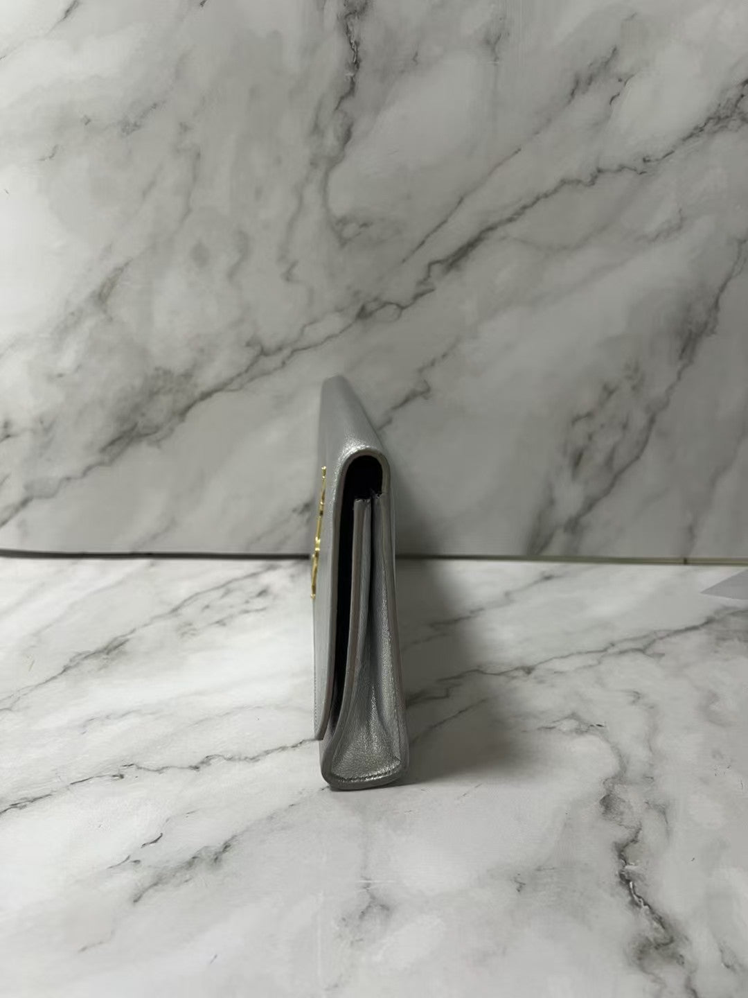 YSL Bellechasse Silver Metallic Leather Clutch Bag