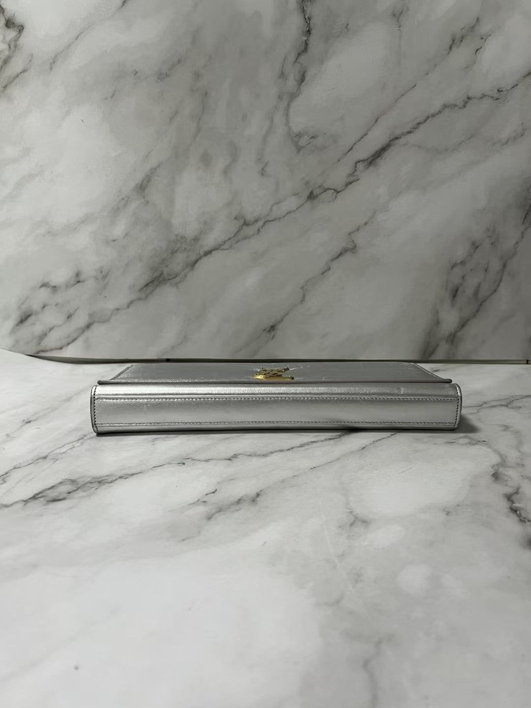 YSL Bellechasse Silver Metallic Leather Clutch Bag