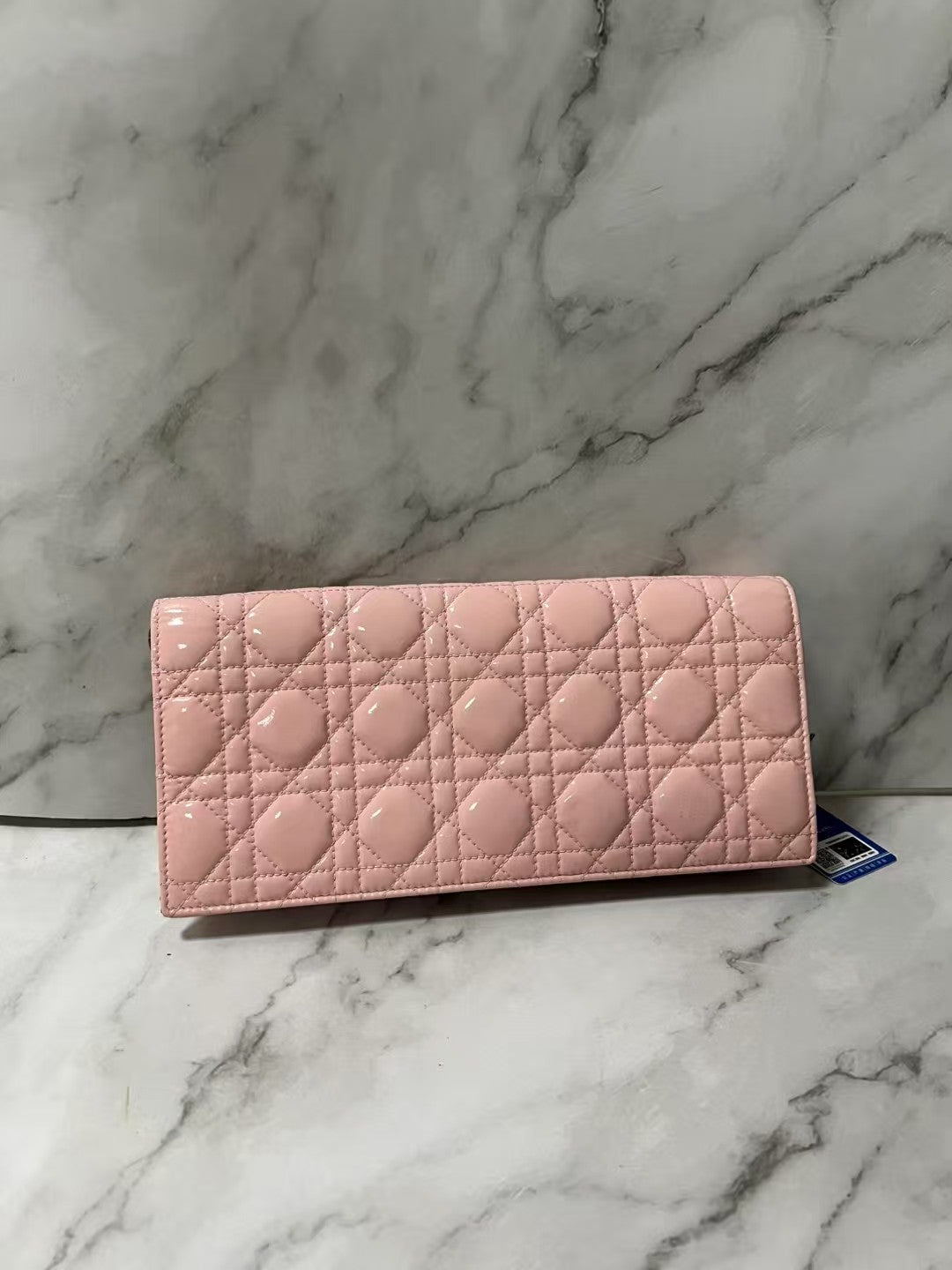 Christian Dior New Patent Cannage Leather Pink Quilted Clutch Silver Chain