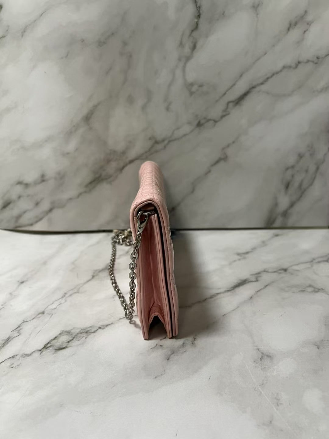 Christian Dior New Patent Cannage Leather Pink Quilted Clutch Silver Chain