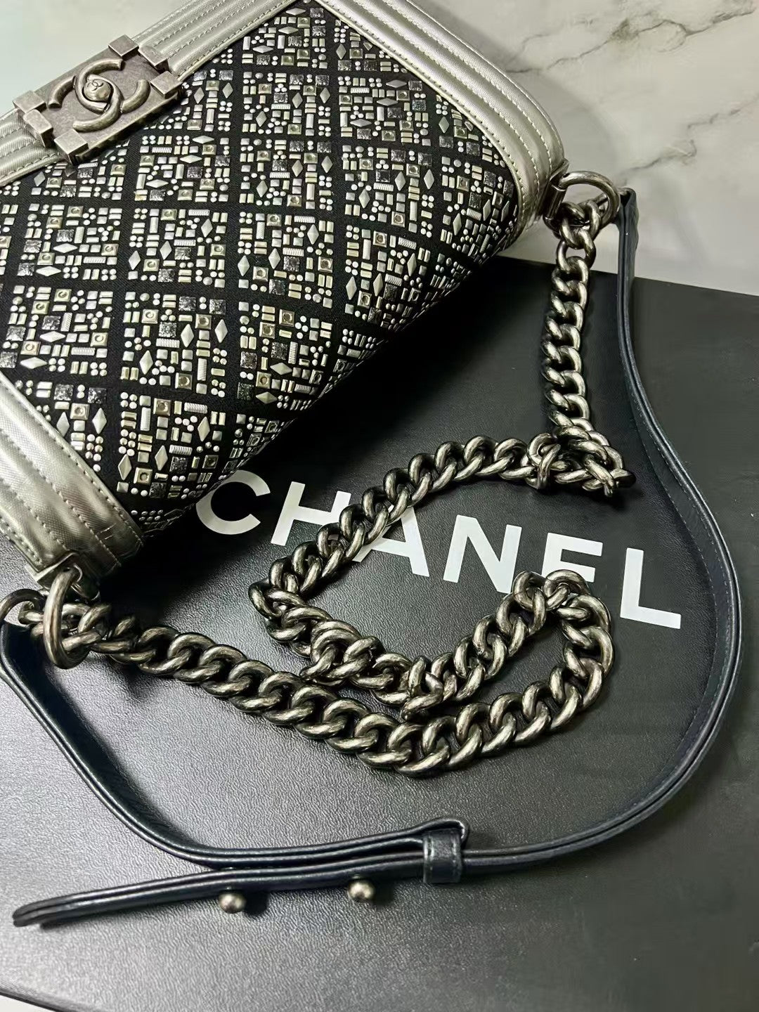 Chanel Boy Medium Black with Silver Studded Embellishments Bag