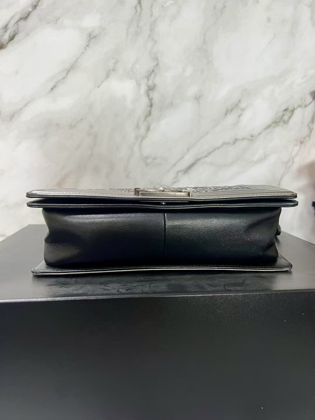 Chanel Boy Medium Black with Silver Studded Embellishments Bag