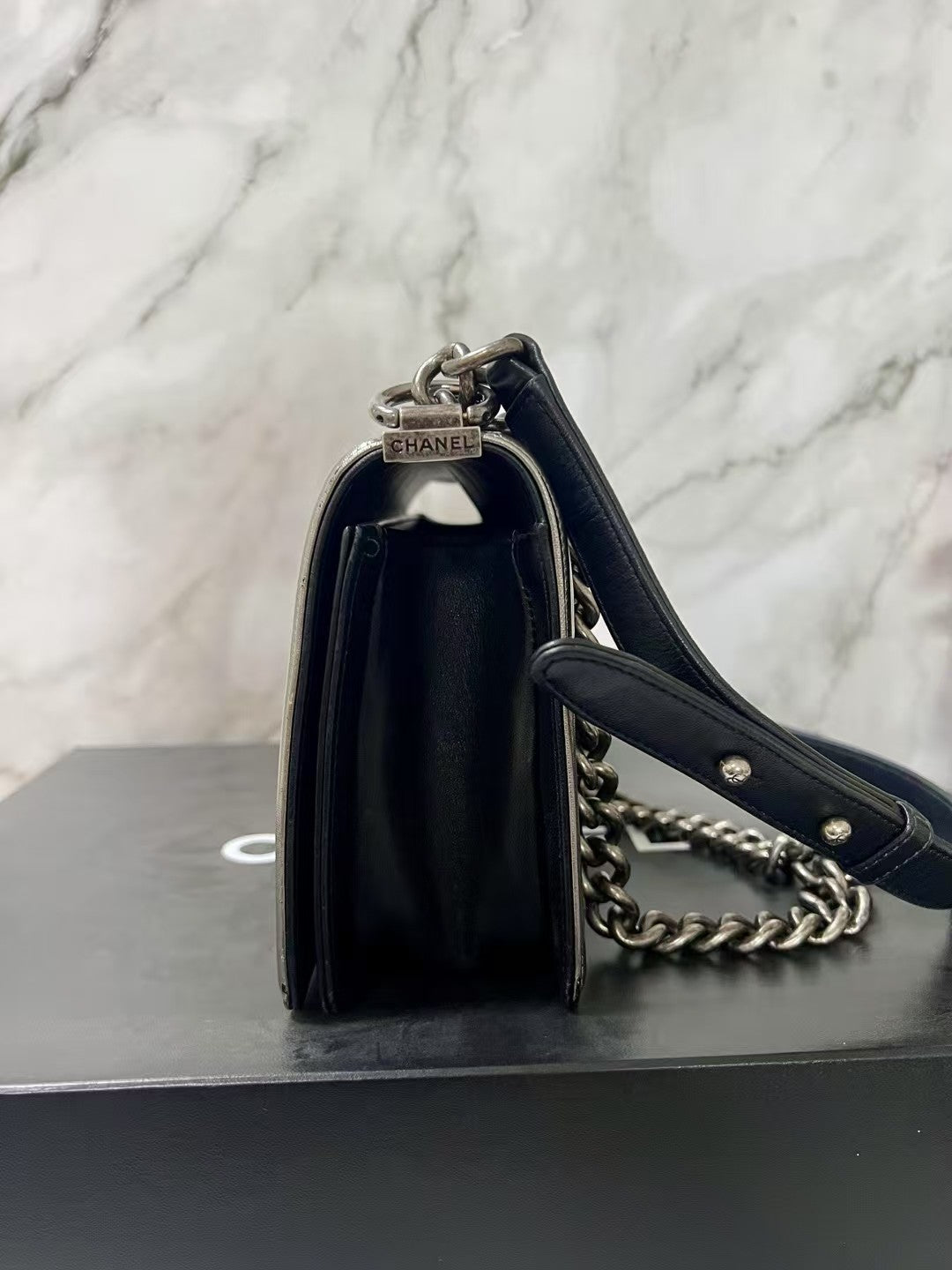 Chanel Boy Medium Black with Silver Studded Embellishments Bag