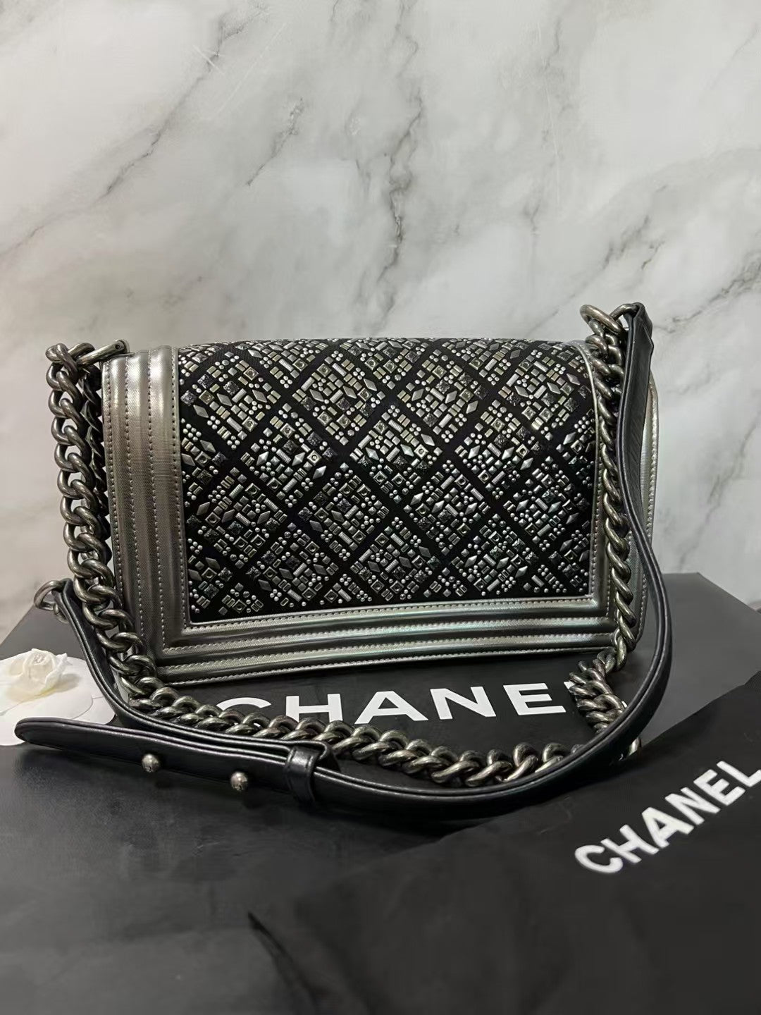 Chanel Boy Medium Black with Silver Studded Embellishments Bag