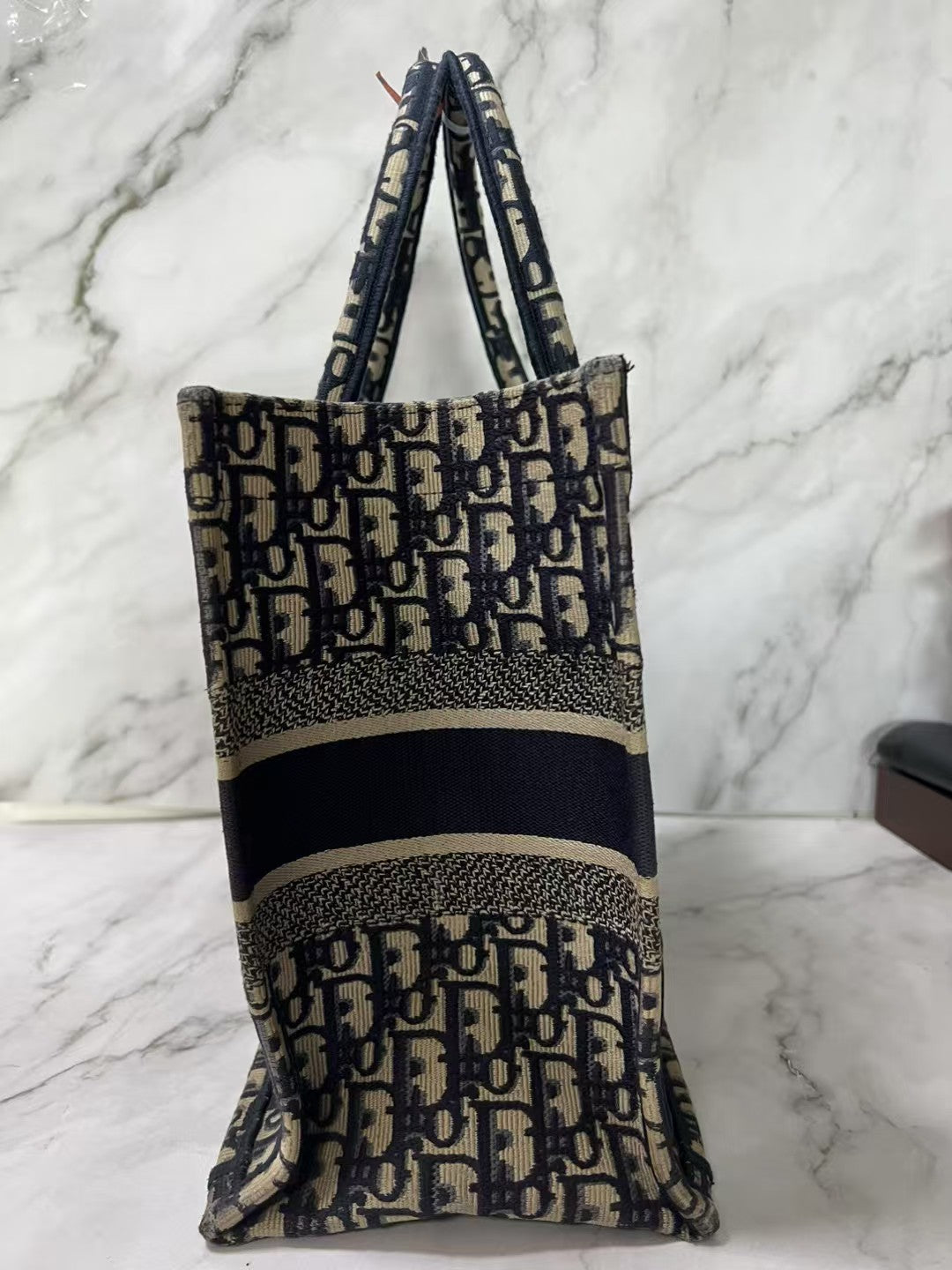 Christian Dior Book Tote Large Beige & Navy Dior Oblique Jacquard Tote Bag
