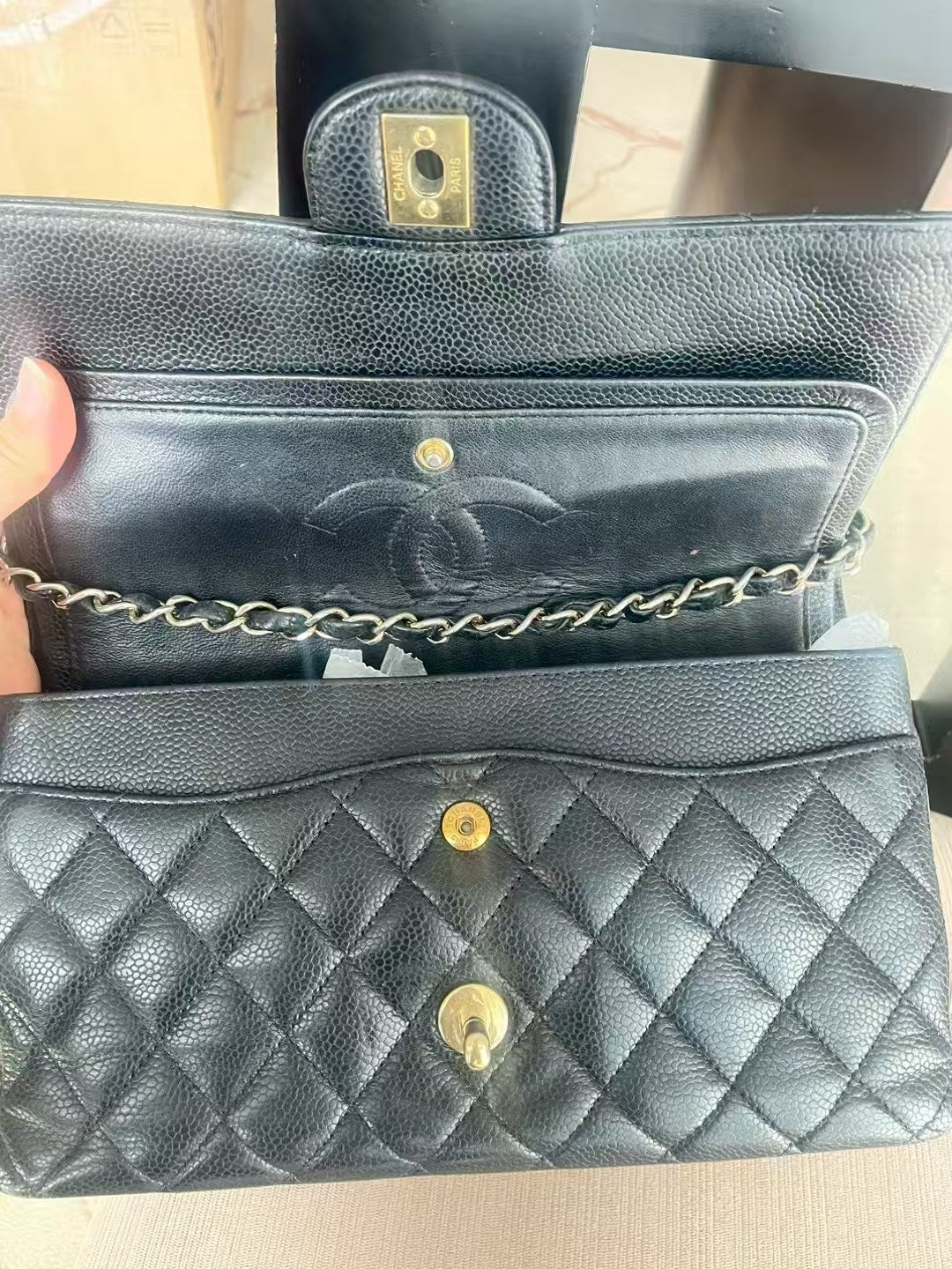 Chanel Classic Double Flap Jumbo  Black Caviar Leather Shoulder Bag