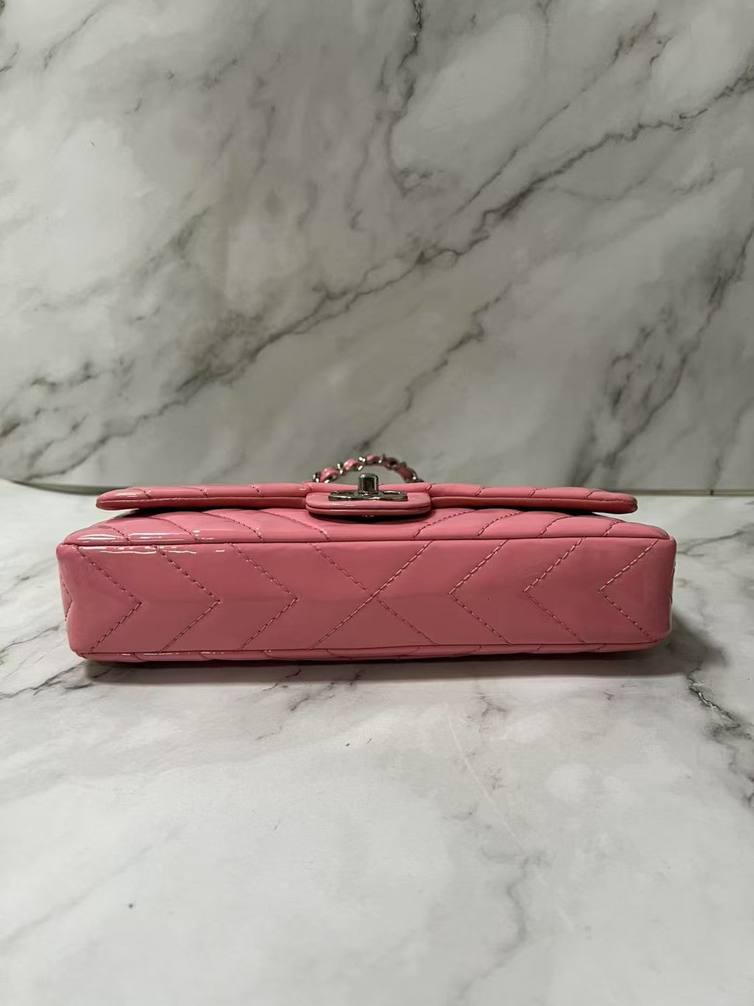 Chanel Classic Flap Mini Rectangular Pink Chevron Patent Leather Shoulder Bag
