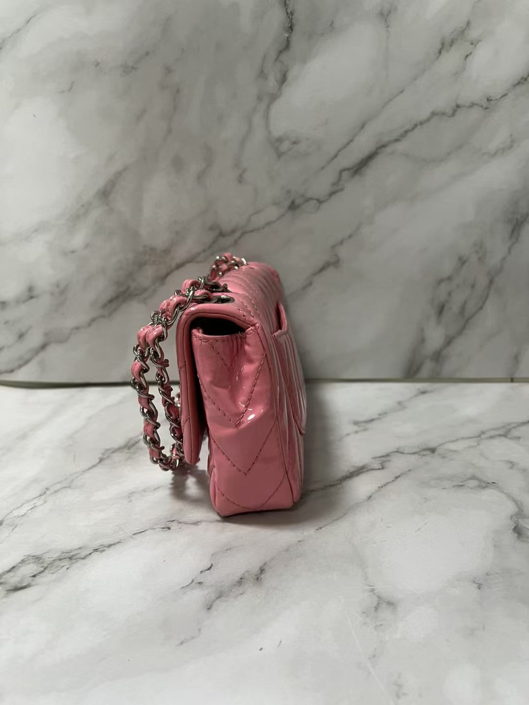 Chanel Classic Flap Mini Rectangular Pink Chevron Patent Leather Shoulder Bag