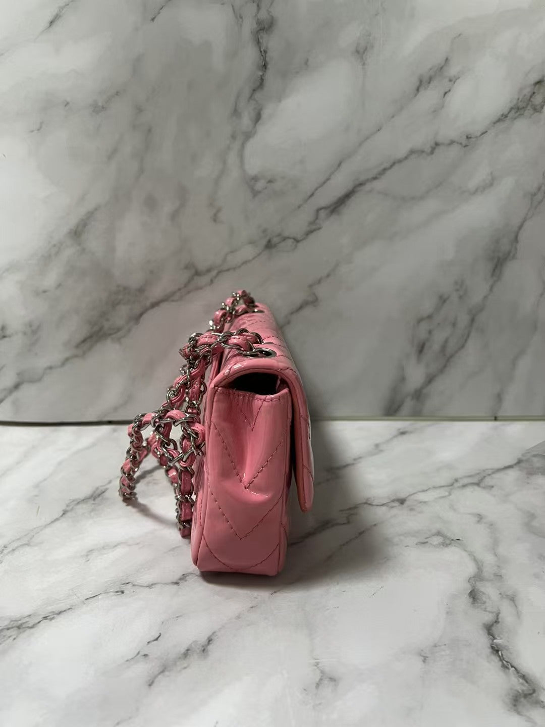 Chanel Classic Flap Mini Rectangular Pink Chevron Patent Leather Shoulder Bag