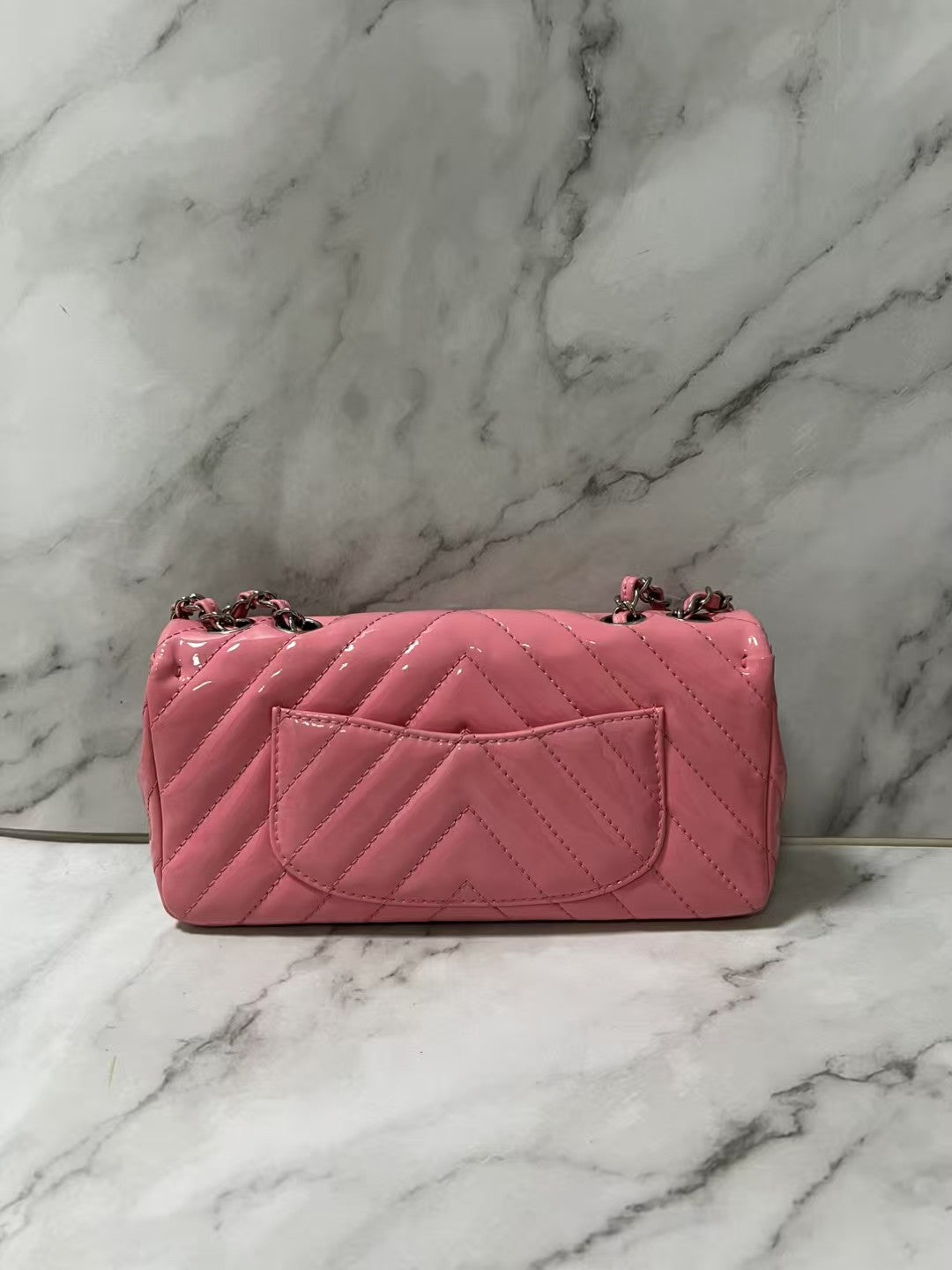 Chanel Classic Flap Mini Rectangular Pink Chevron Patent Leather Shoulder Bag