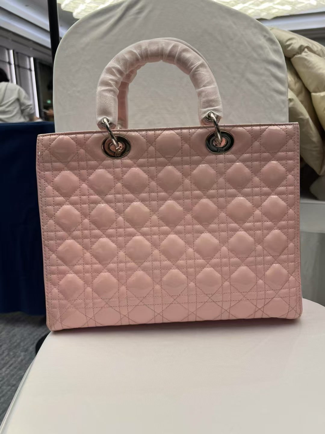 Dior Lady Dior  Large  Pink Cannage Patent Leather Handbag Bag