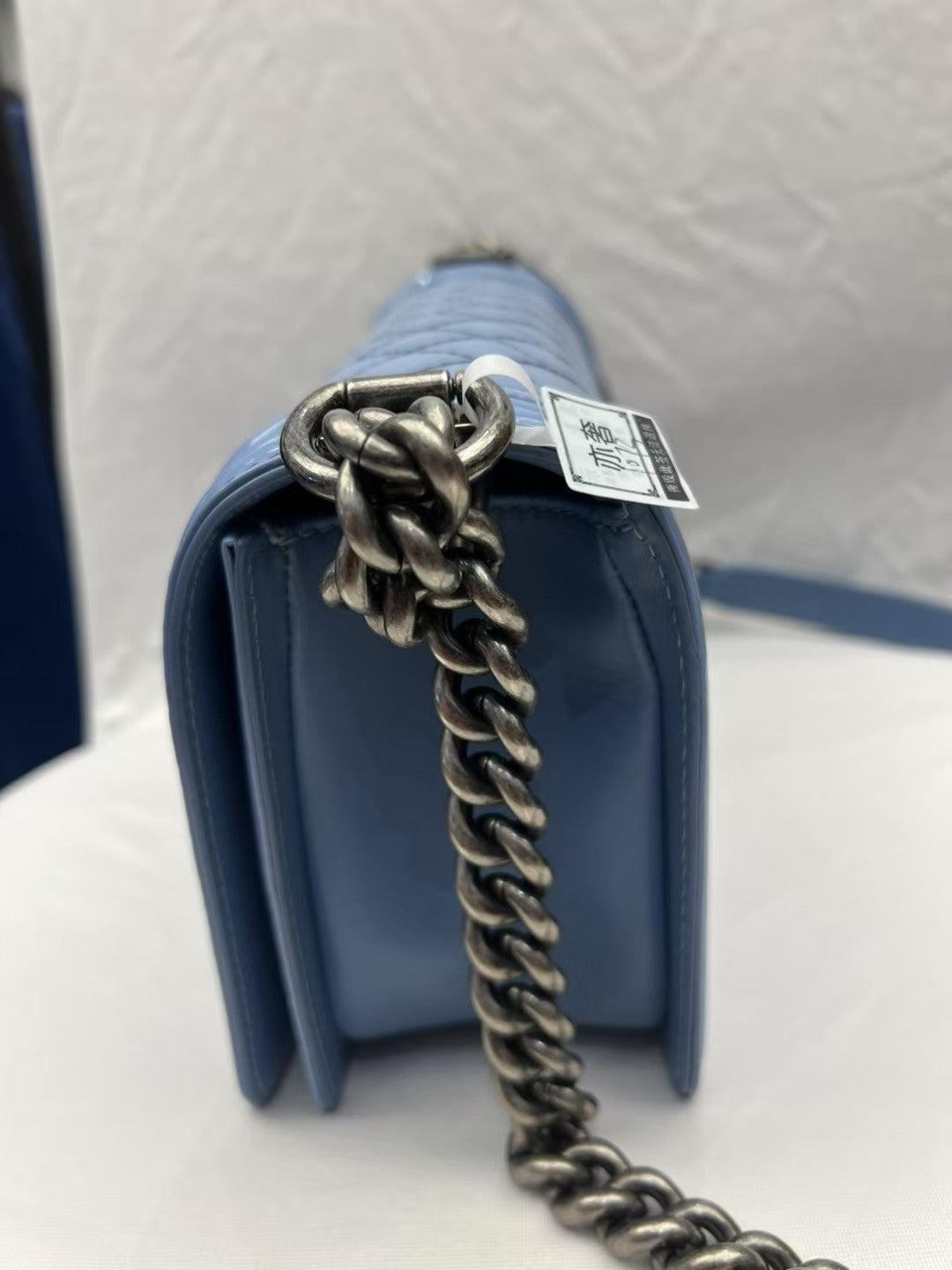 Chanel Boy Medium Lake Blue Patent Leather Shoulder Bag