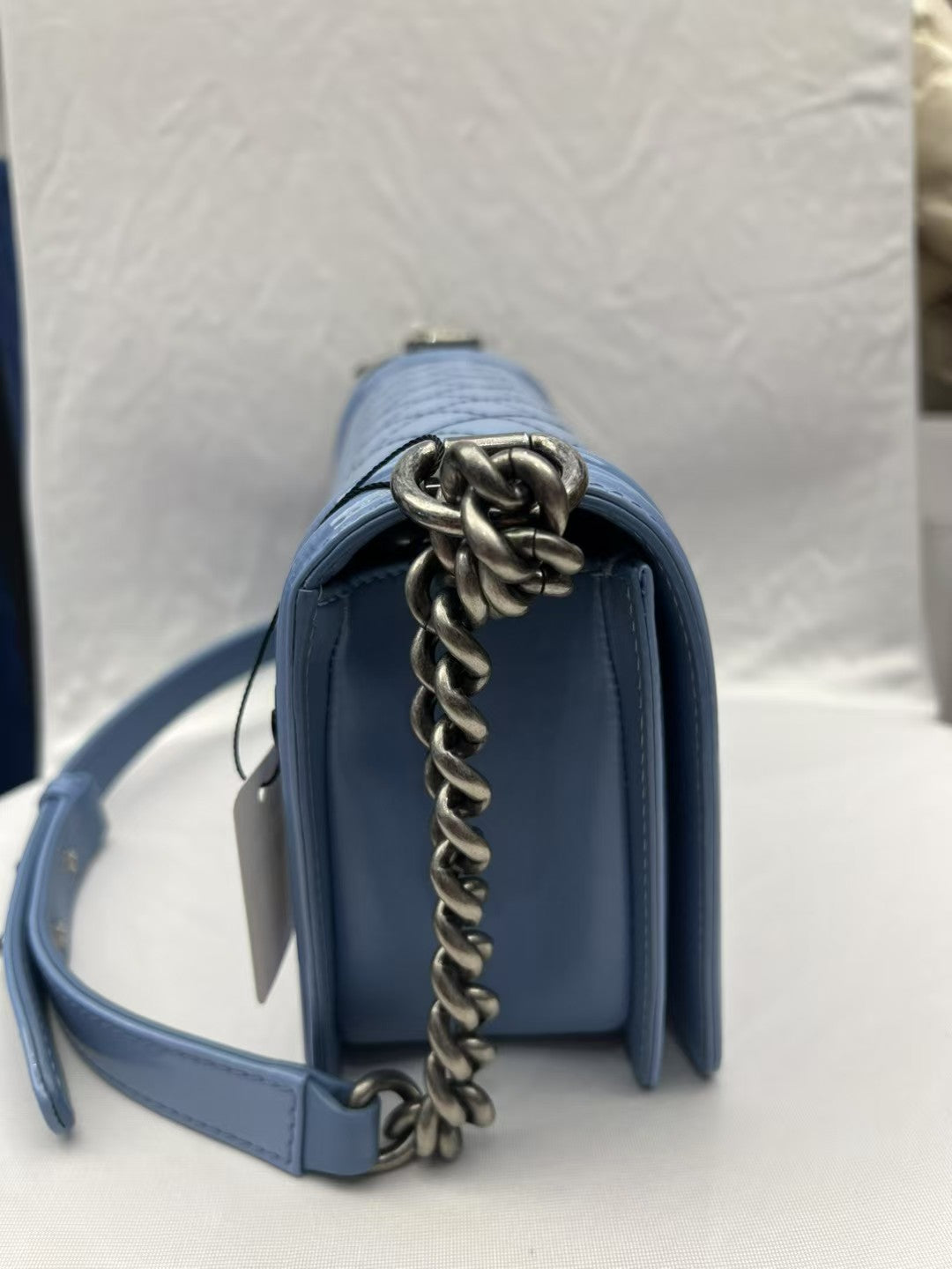 Chanel Boy Medium Lake Blue Patent Leather Shoulder Bag