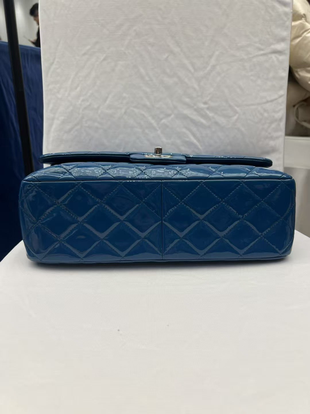 Chanel Classic Double Medium Blue Patent Leather Flap Bag