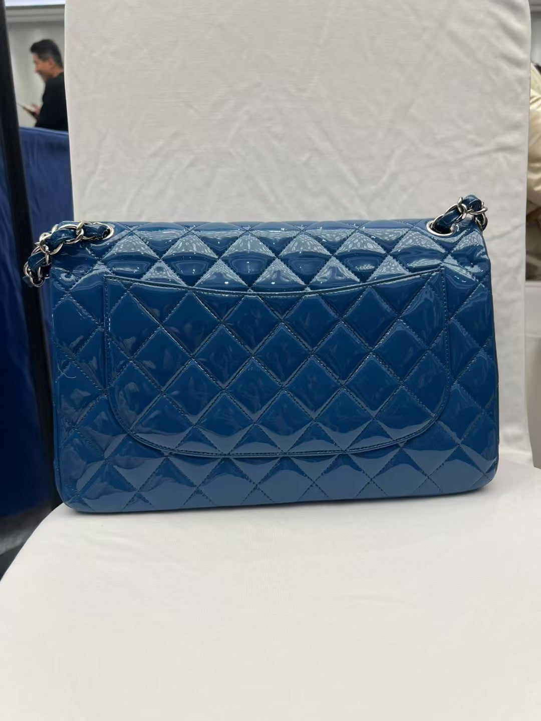 Chanel Classic Double Medium Blue Patent Leather Flap Bag